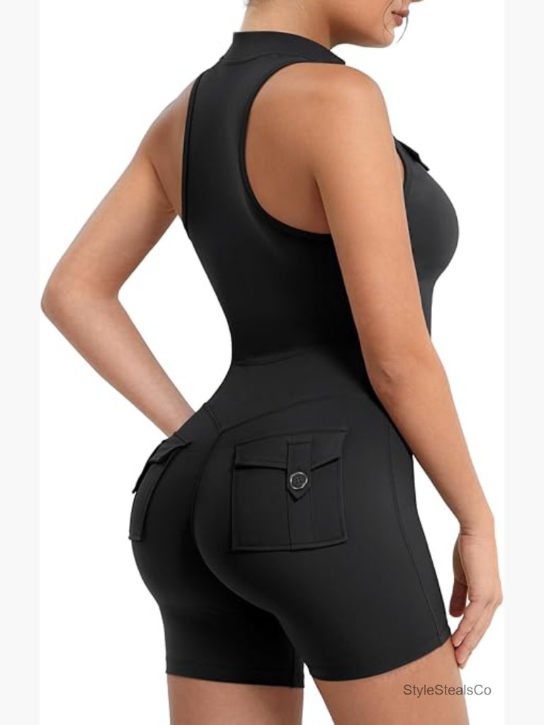 Sleeveless Workout Jumpsuit With Pockets Zip Up Back Scrunch Romper